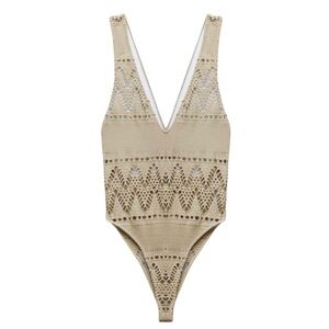 Zara Knit Plunge Neck Beige Body Suit Size Large New with tags⭐️